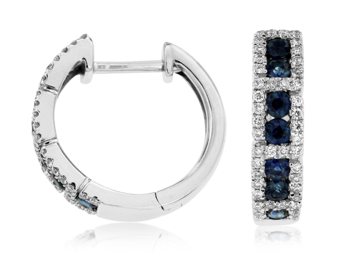 14K WHITE GOLD SMALL HOOP EARRINGS WITH .55CTTW ROUND CHANNEL SET SAPPHIRES WITH .22CTTW ROUND I1 CLARITY & HI COLOR DIAMONDS