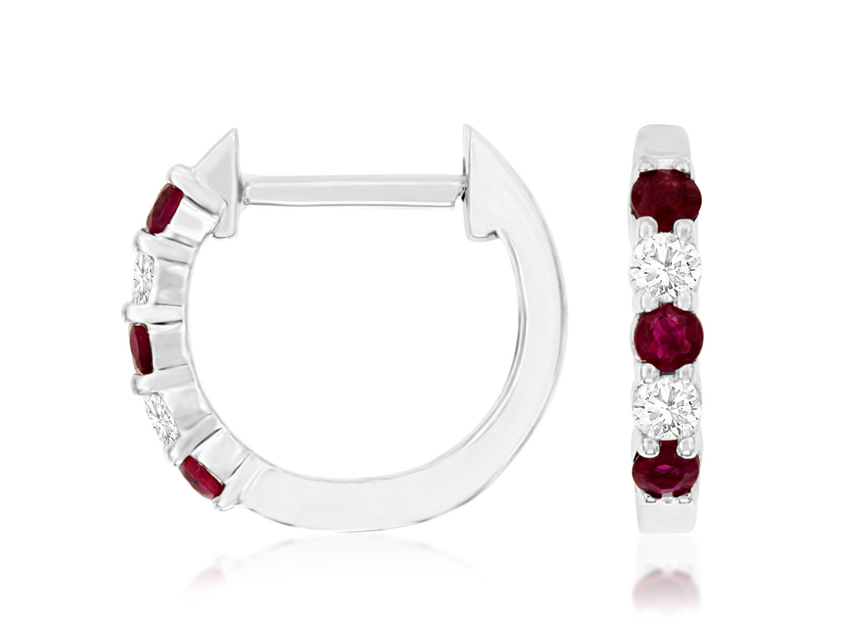 14K WHITE GOLD SMALL HUGGIE EARRINGS WITH .10CTTW ROUND I1 CLARITY & HI COLOR DIAMONDS AND .15CTTW ROUND RUBIES