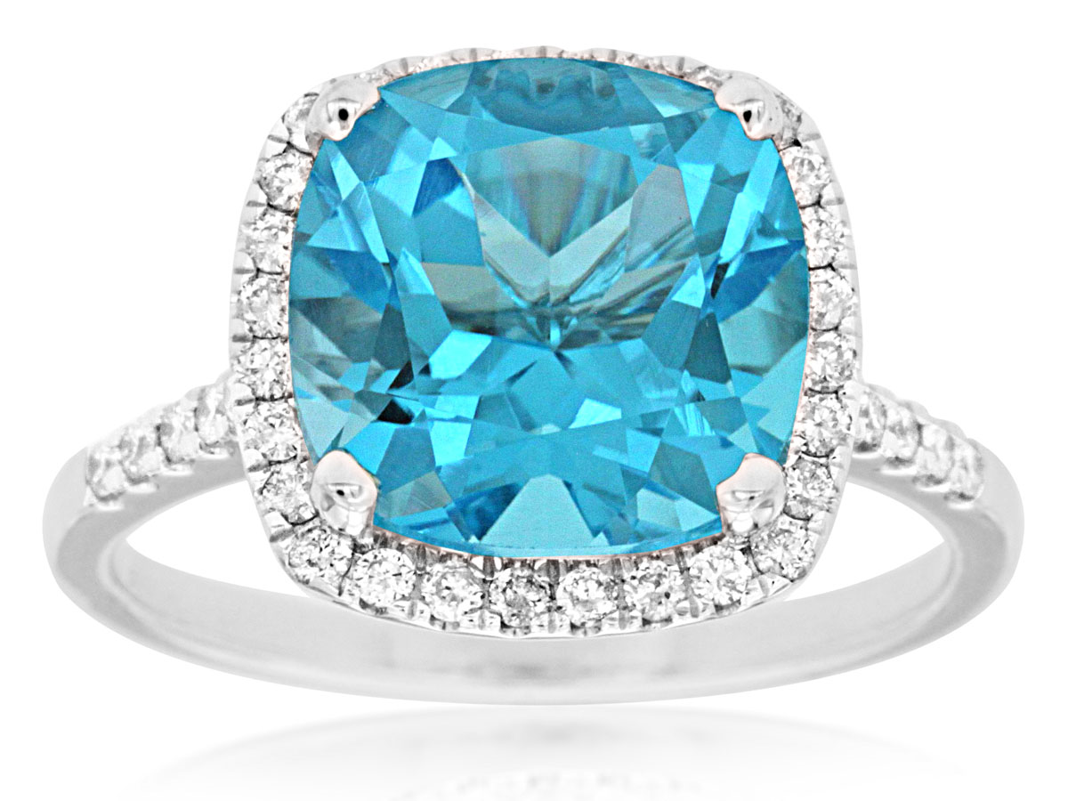 14K WHITE GOLD 4.9CT SQUARE CUSHION BLUE TOPAZ RING WITH .30CTTW ROUND I1 CLARITY & HI COLOR DIAMONDS SET IN THE HALO AND DOWN THE SHANK
