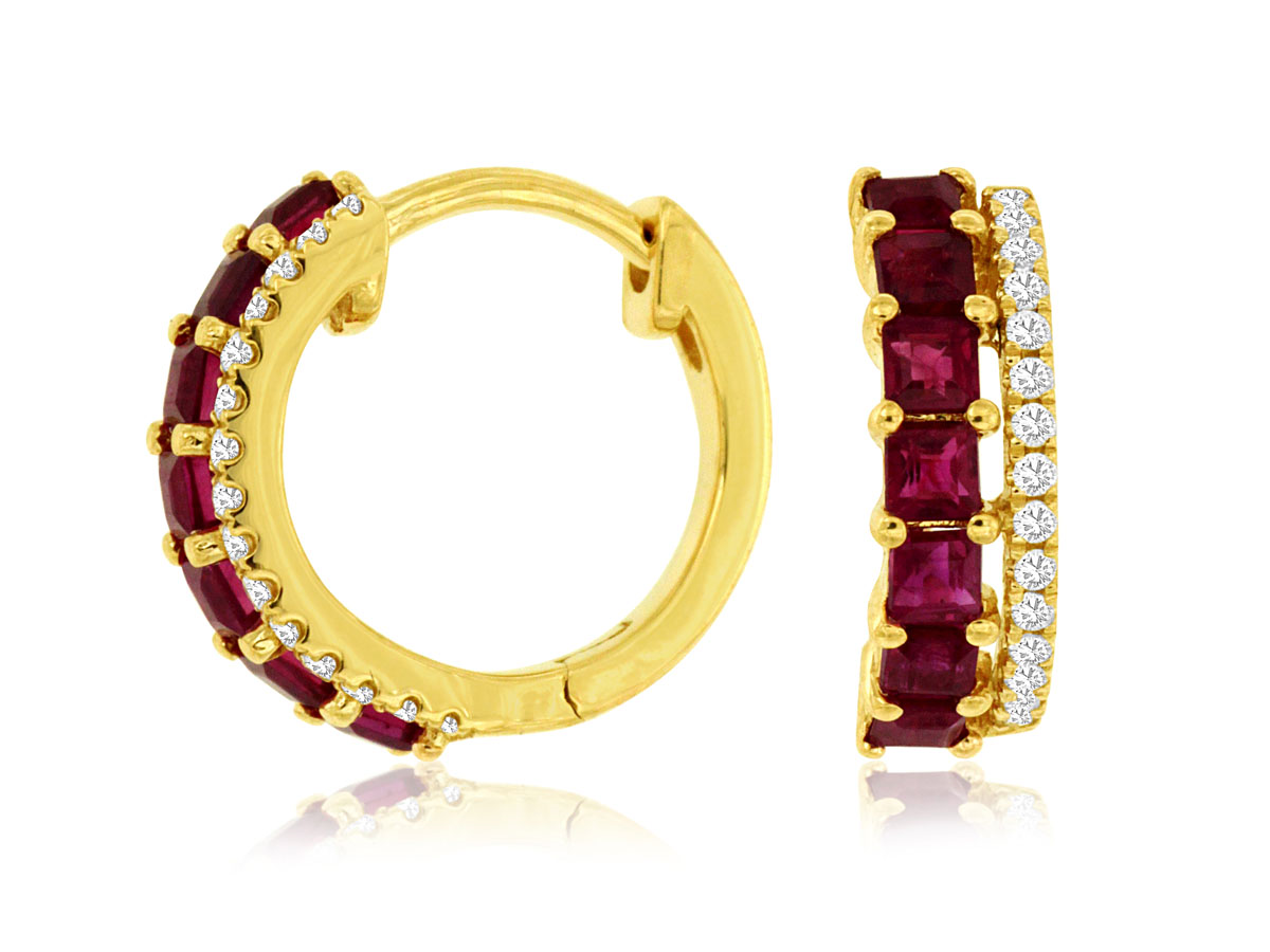 14K YELLOW GOLD SMALL HOOP EARRINGS WITH .09CTTW ROUND I1 CLARITY & HI COLOR DIAMONDS AND .87CTTW ROUND RUBIES