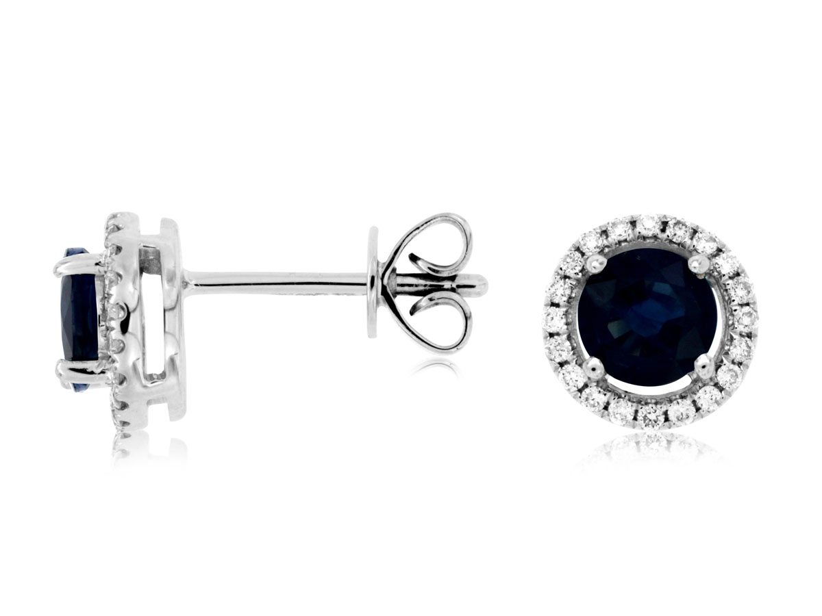 14K WHITE GOLD POST EARRINGS WITH 1.10CTTW ROUND SAPPHIRES AND .15CTTW ROUND I1 CLARITY & HI COLOR DIAMONDS SET IN THE HALOS