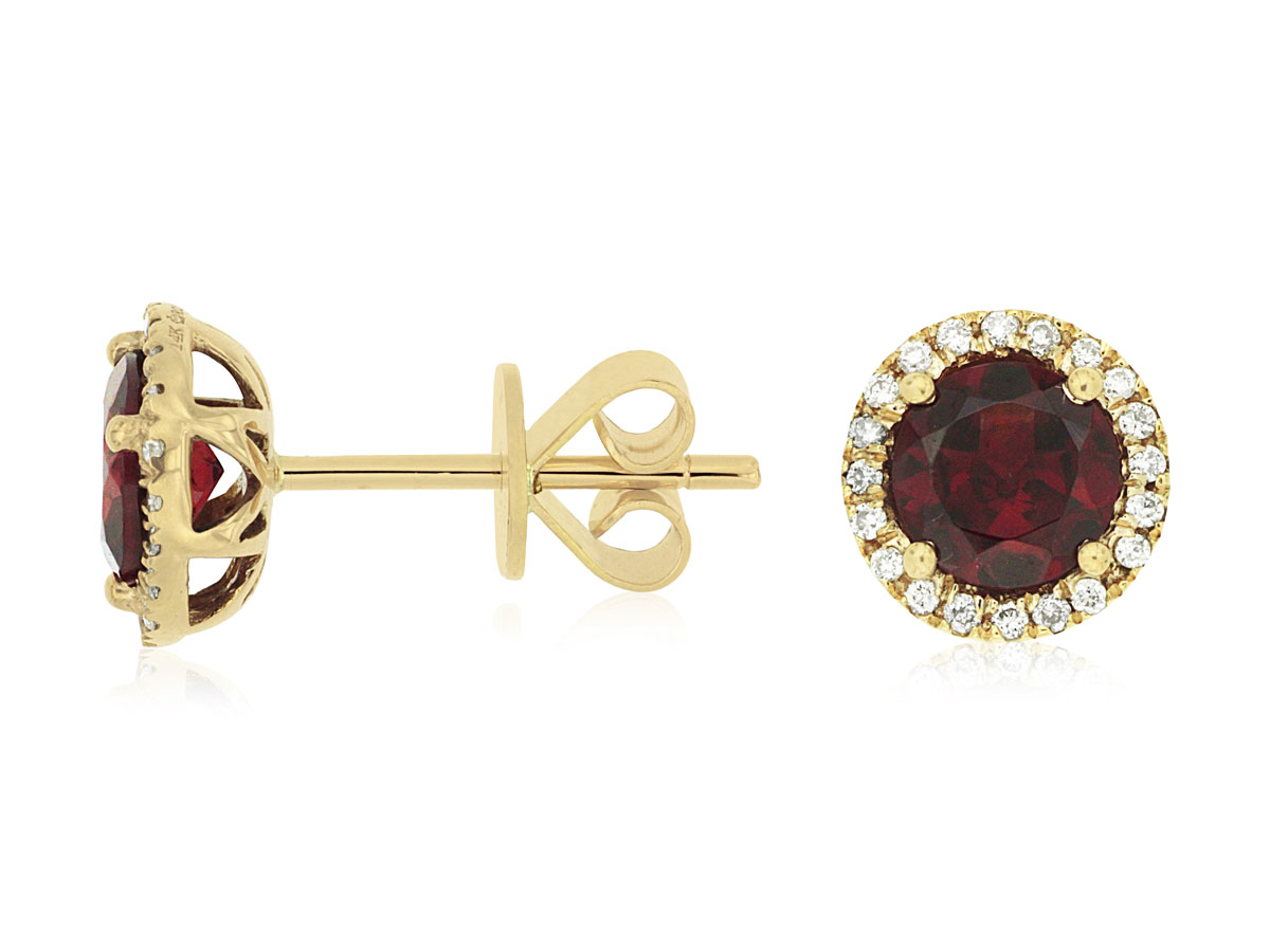 14K YELLOW GOLD POST EARRINGS WITH 1.80CTTW ROUND GARNETS AND .15CTTW ROUND I1 CLARITY & HI COLOR DIAMONDS SET IN THE HALOS