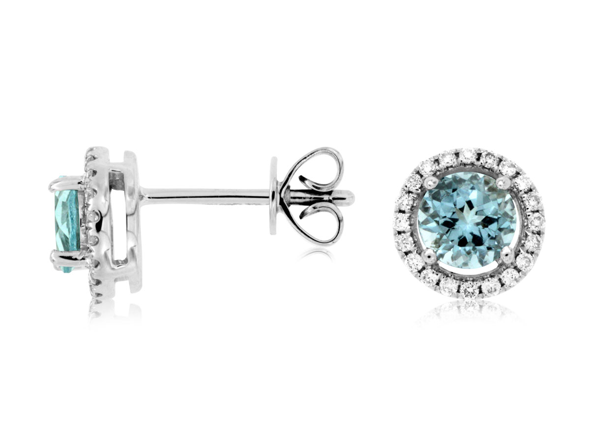 14K WHITE GOLD POST EARRINGS WITH .88CTTW ROUND AQUAMARINES WITH .15CTTW ROUND I1 CLARITY & HI COLOR DIAMONDS IN THE HALO