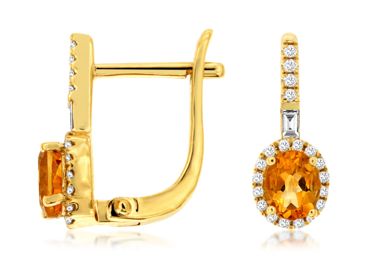 14K YELLOW GOLD LEVERBACK STYLE DROP EARRINGS WITH .60CTTW OVAL CITRINES AND .11CTTW ROUND AND BAGUETTE I1 CALRITY & HI COLOR DIAMONDS