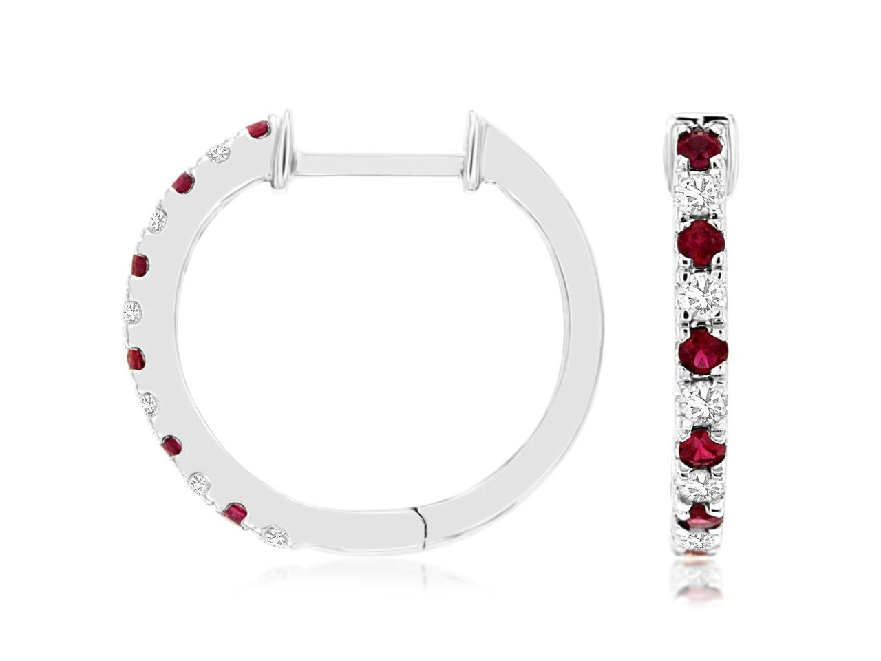 14K WHITE GOLD .12CT ROUND I1 CALRITY & HI COLOR DIAMOND AND .15CTTW ROUND RUBY HOOP EARRINGS
