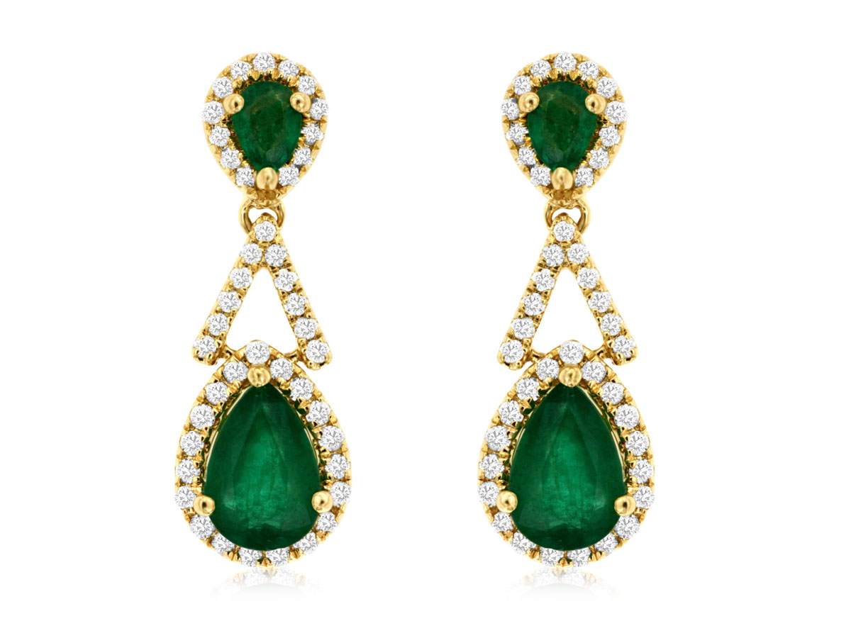 14K YELLOW GOLD DROP EARRINGS WITH 1.64CTTW PEAR SHAPED EMERALDS AND .39CTTW ROUND I1 CLARITY & HI COLOR DIAMONDS SET ON THE HALOS AND TRIANGLE DESIGN
