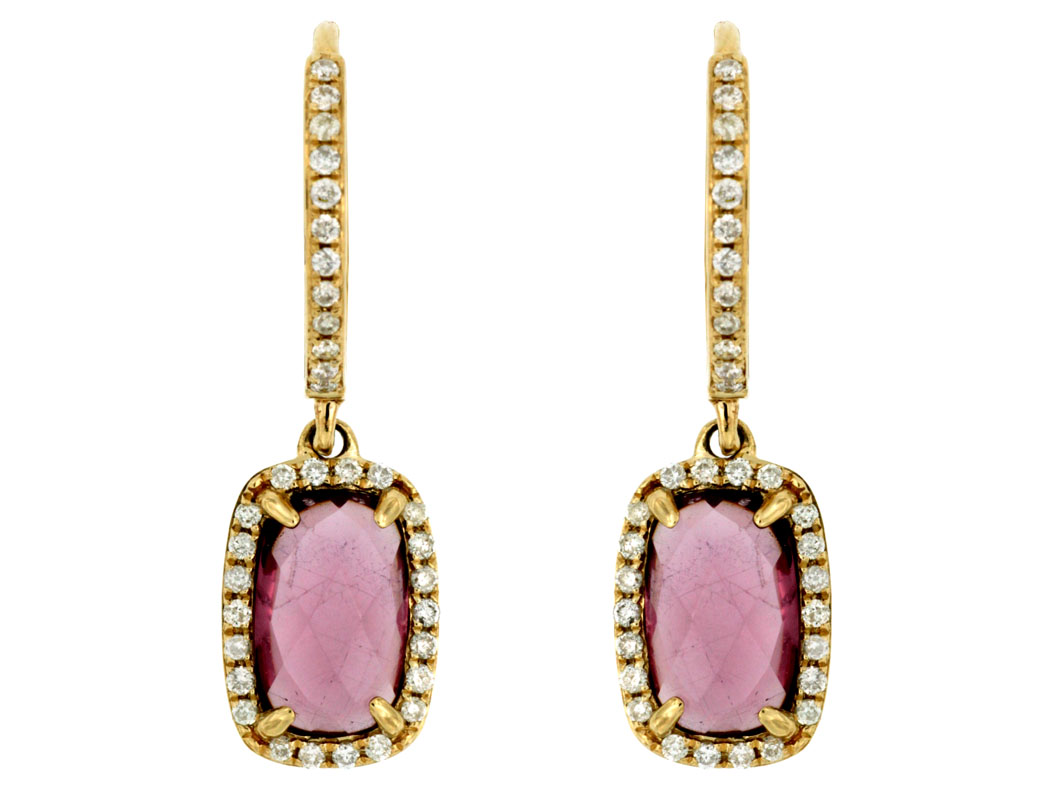 14K YELLOW GOLD DROP EARRINGS WITH 2.80CTTW ELONGATED RECTANGLE RHODOLITE AND .26CTTW ROUND I1 CLARITY & HI COLOR DIAMONDS SET IN THE HALOS AND HOOP TOP
