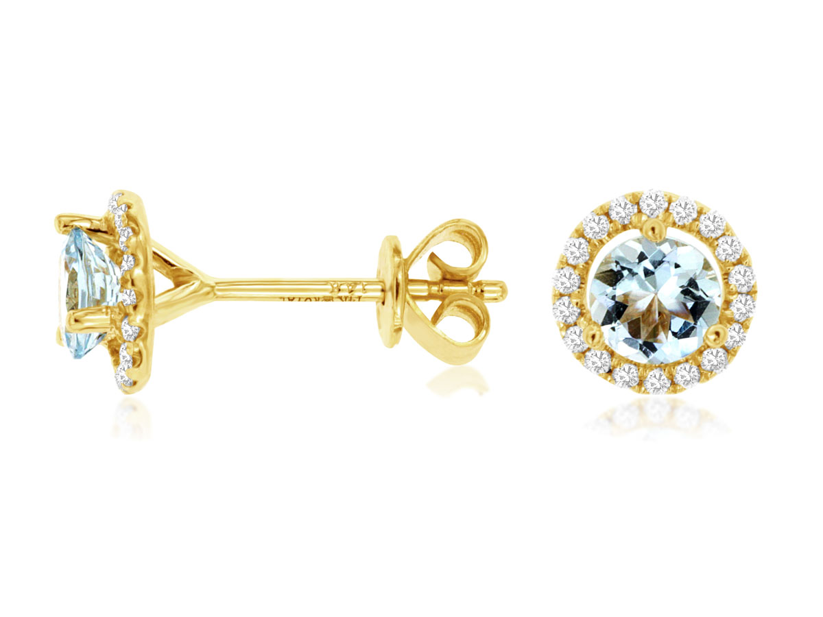 14K YELLOW GOLD POST EARRINGS WITH .65CTTW ROUND AQUAMARINES AND .14CTTW ROUND I1 CALRITY & HI COLOR DIAMONDS SET IN THE HALOS