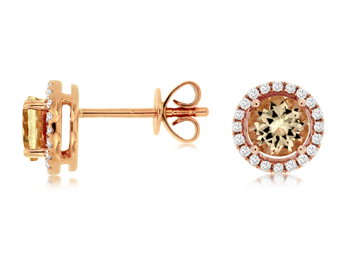 14K ROSE GOLD POST EARRINGS WITH .75CTTW ROUND MORGANITE AND .15CTTW ROUND I1 CLARITY & HI COLOR DIAMONDS SET INT HE HALOS