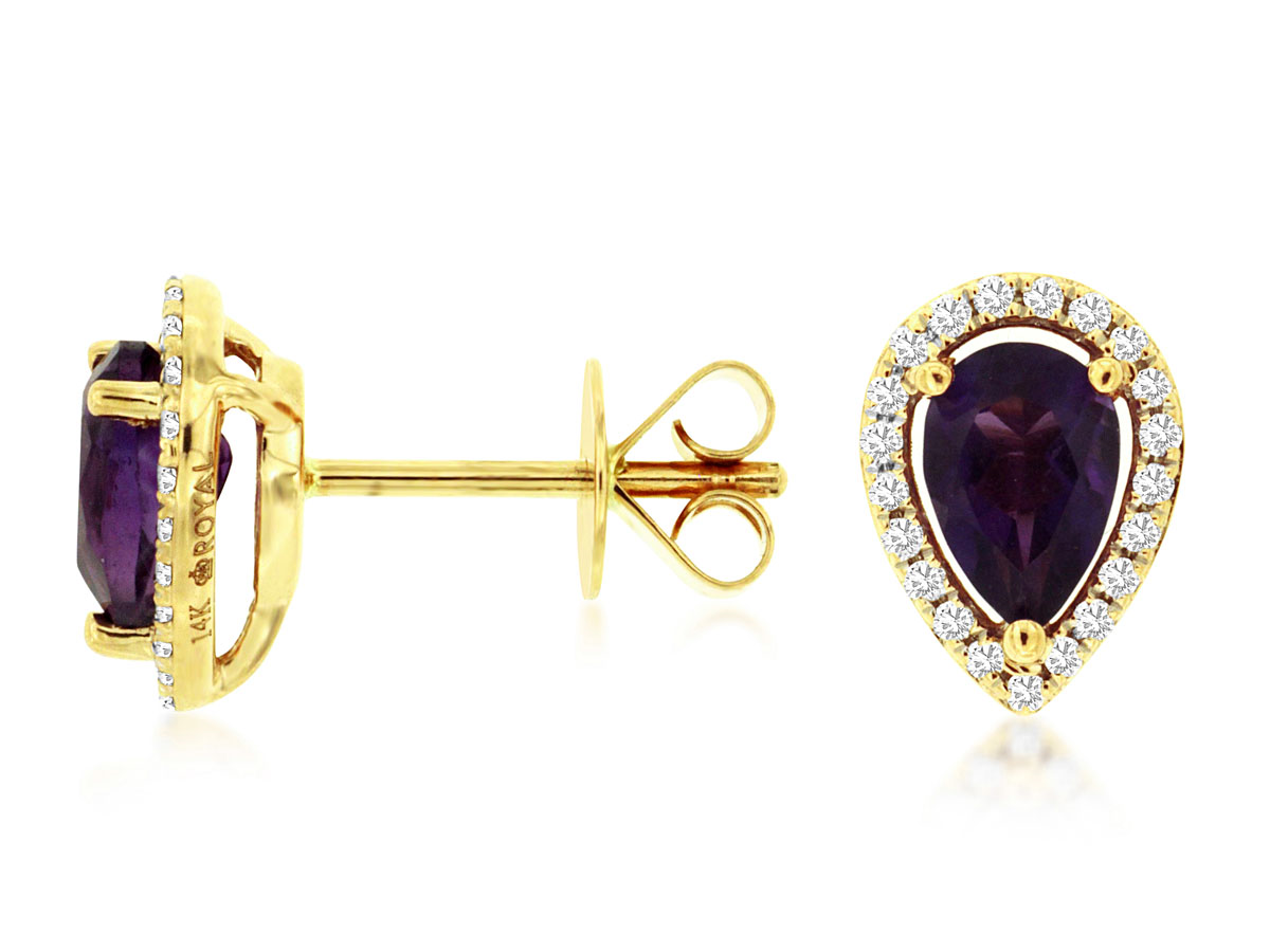 14K YELLOW GOLD .75CTTW PEAR SHAPED AMYETHYST POST EARRINGS WITH .12CTTW ROUND I1 CLARITY & HI COLOR DIAMONDS SET IN THE HALOS