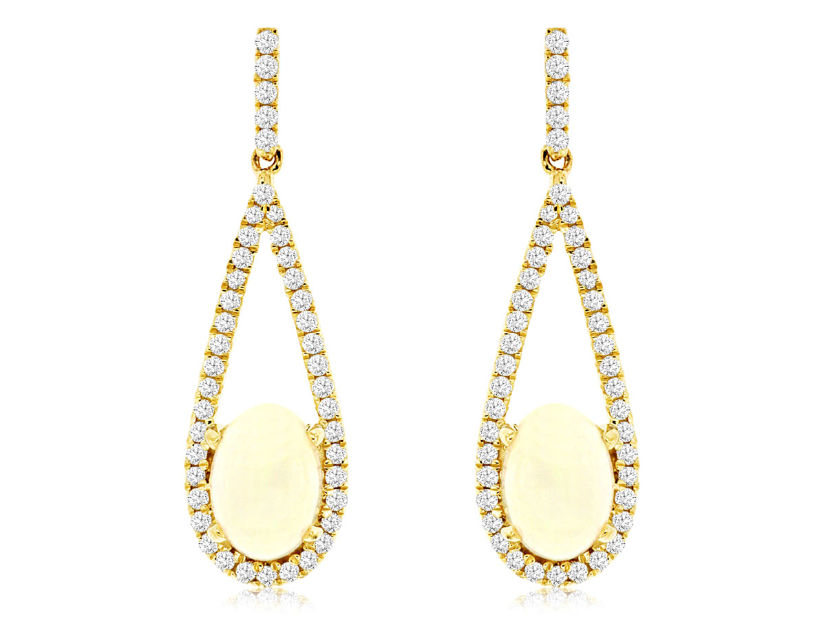 14K YELLOW GOLD OPEN PEAR SHAPED DROP EARRINGS WITH 1.0CTTW OVAL OPALS AND .35CTTW ROUND I1 CALRITY & HI COLOR DIAMONDS SET IN THE HALOS