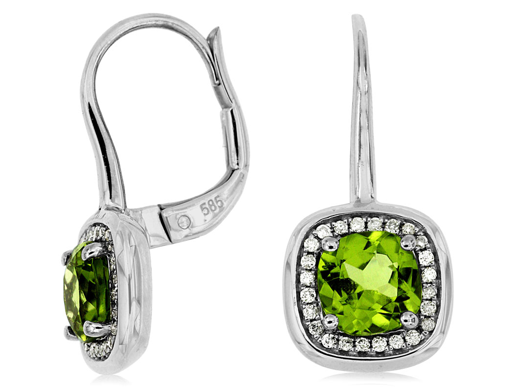 14K WHITE GOLD 2.20CTTE SQUARE PERIDOT LEVERBACK EARRINGS WITH .15CTTW ROUND I1 CLARITY &HI COLOR DIAMONDS SET IN THE HALOS