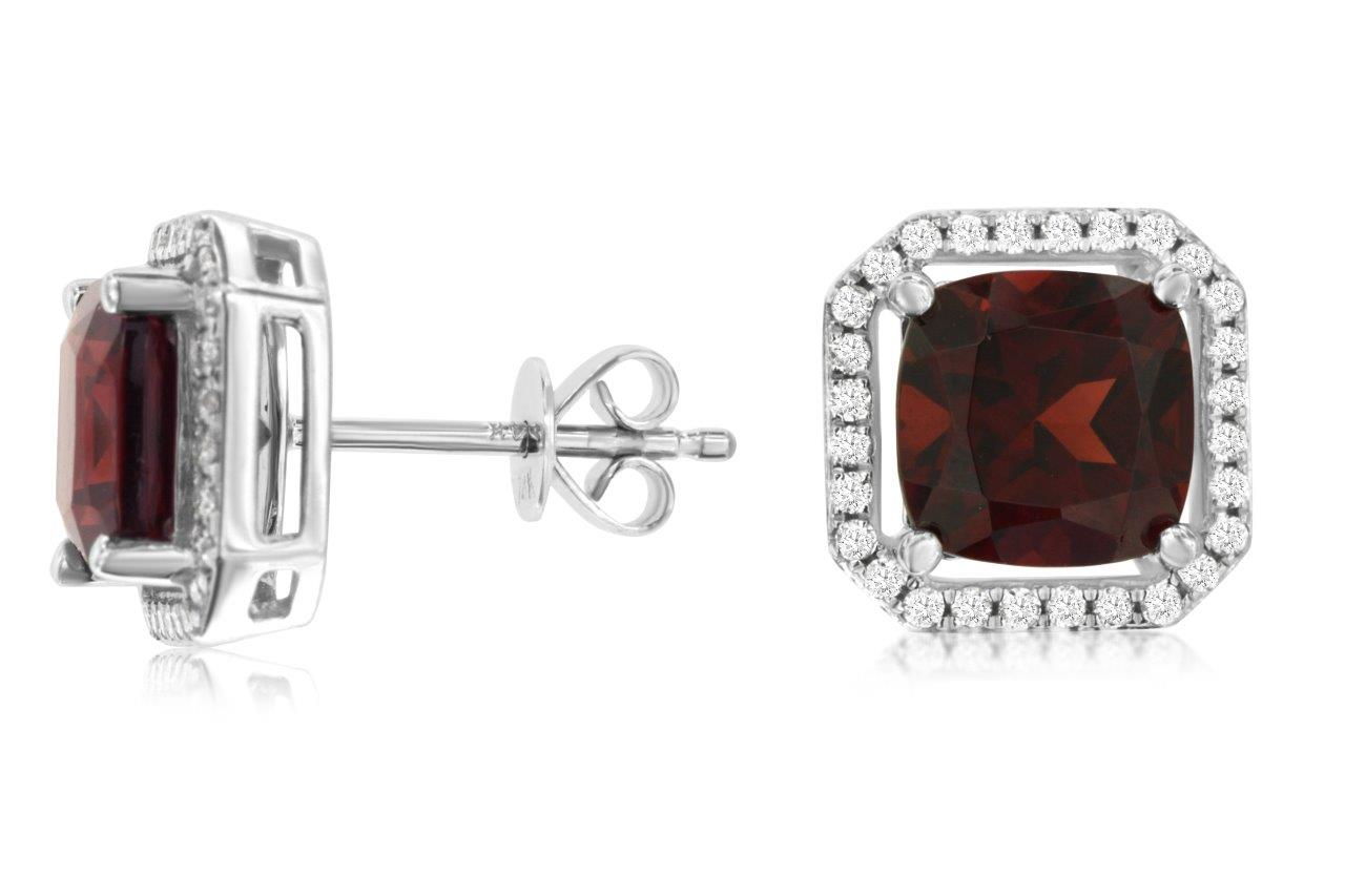 14K WHITE GOLD POST EARRINGS WITH 3.30CTTW SQUARE GARNETS WITH .29CTTW ROUND I1 CLARITY & HI COLOR DIAMONDS SET IN THE HALOS