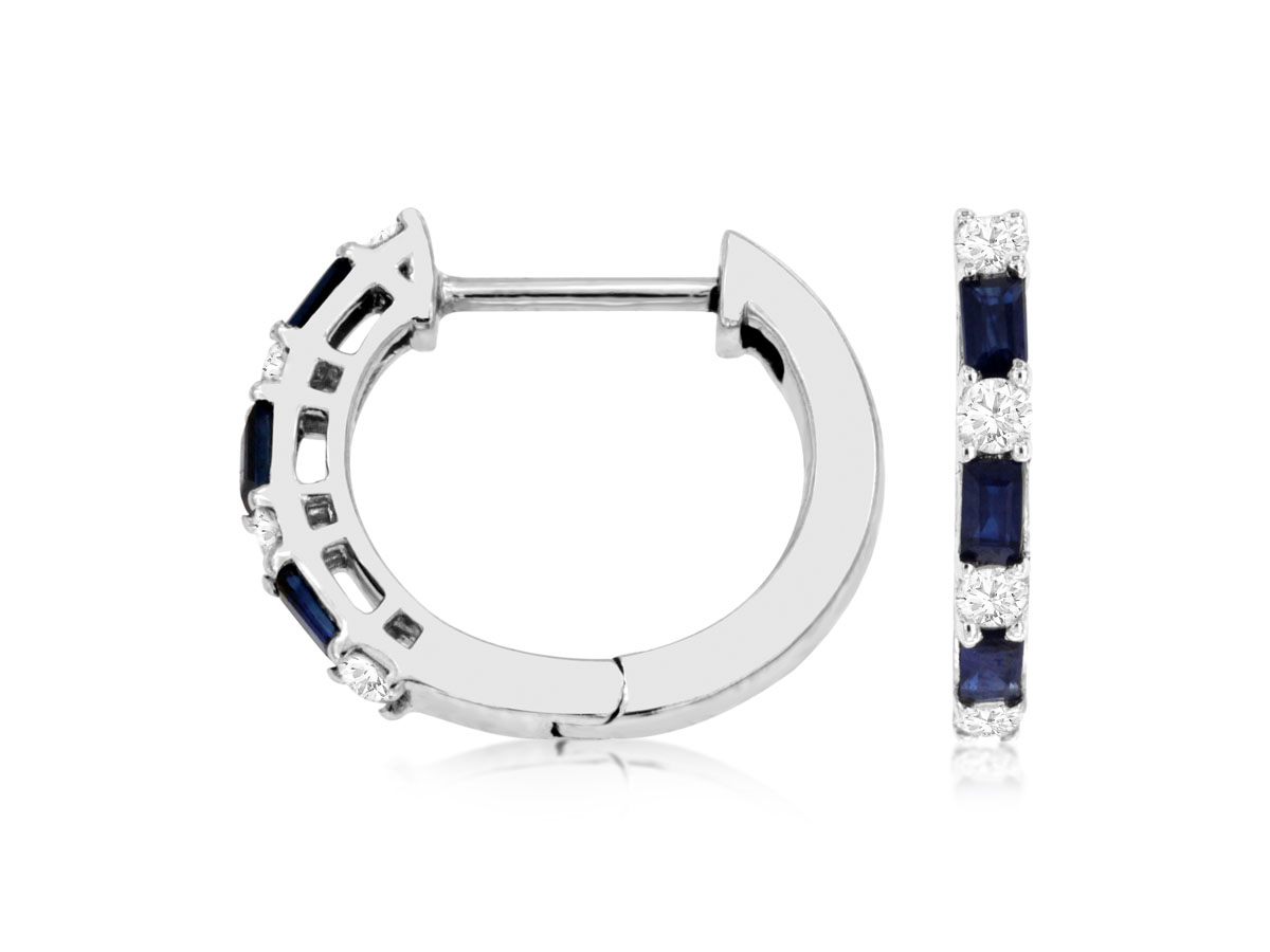 14K WHITE GOLD HOOP EARRINGS WITH .37CTTW BAGUETTE SAPPHIRES ALTERNATING WITH .20CTTW ROUND I1 CLARITY & HI COLOR DIAMONDS