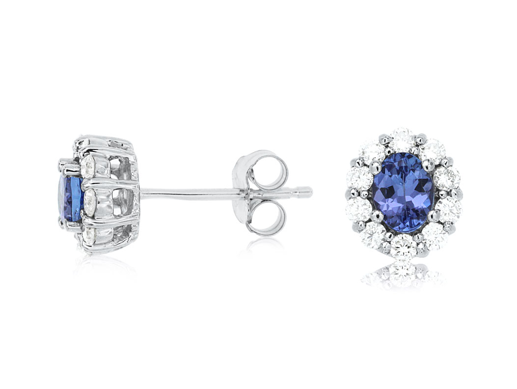 14K WHITE GOLD .70CTTW OVAL TANZANITE STUD EARRINGS WITH .45CTTW ROUND I1 CLARITY & HI COLOR DIAMONDS SET IN THE HALOS