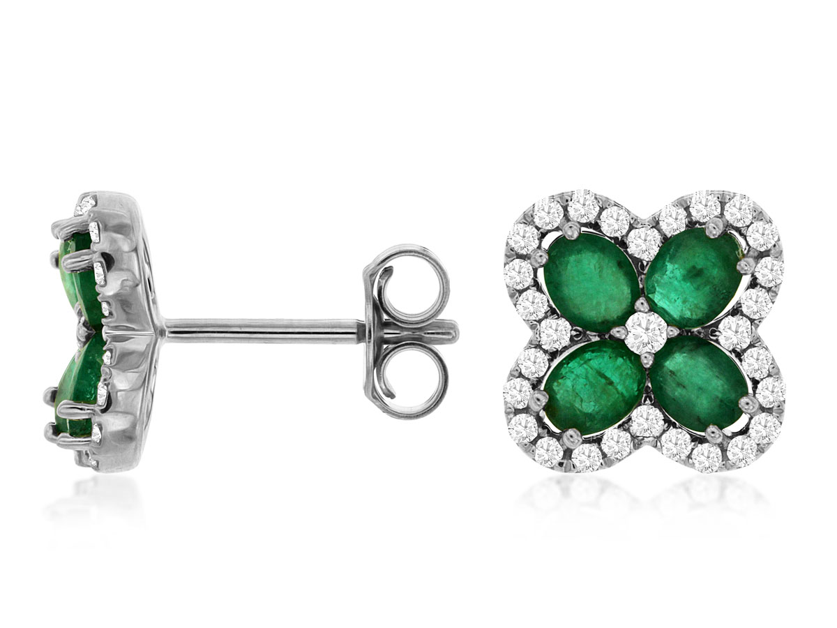 14K WHITE GOLD CLOVER STYLE POST ESRRINGS WITH 1.30CTTW  OVAL EMERALDS AND .35CTTW ROUND I1 CLARITY & HI COLOR DIAMONDS SET IN THE HALO