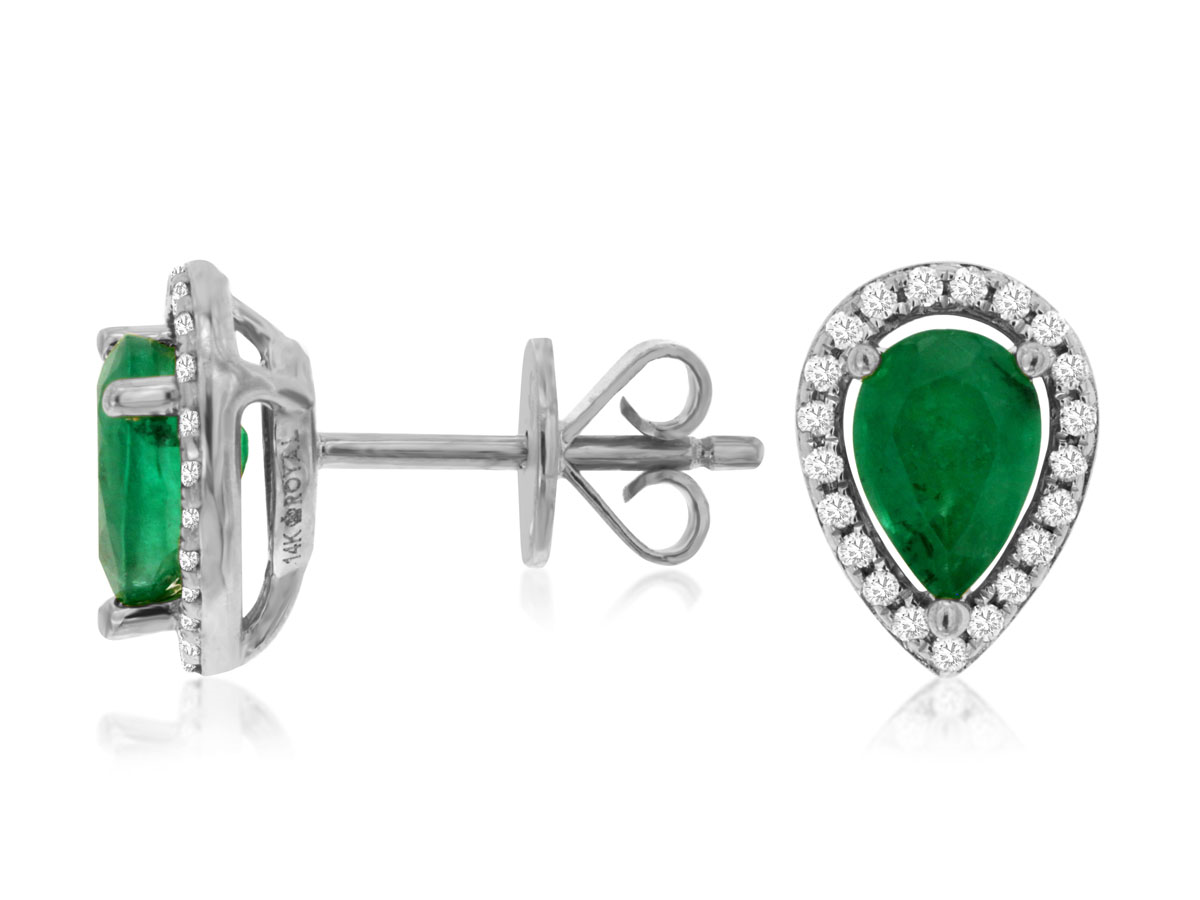 14K WHITE GOLD .75CTTW PEAR SHAPED EMERALD STUDS WITH .12CTTW I1 CLARITY & HI COLOR DIAMONDS SET IN THE HALO