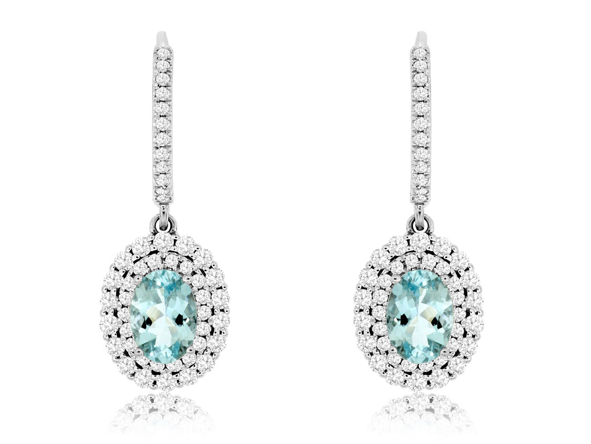 14K WHITE GOLD DROP EARRINGS WITH 1.35CTTW OVAL AQUAMARINES AND .85CTTW ROUND I1 CLARITY & HI COLOR DIAMONDS SET IN THE DOUBLE HALOS AND HOOP TOP