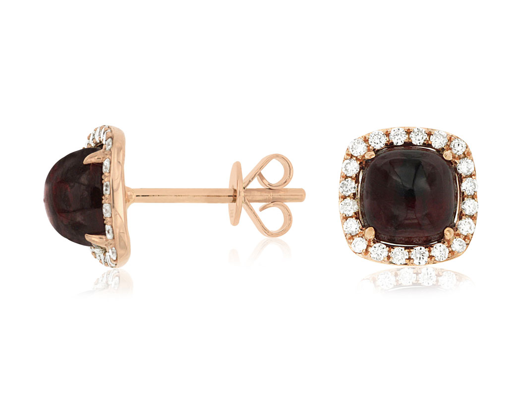 14K ROSE GOLD POST EARRINGS WITH 3.20CTTW CABOCHON GARNETS WITH .25CTTW ROUND I1 CLARITY AND HI COLOR DIAMONDS SET IN THE HALOS
