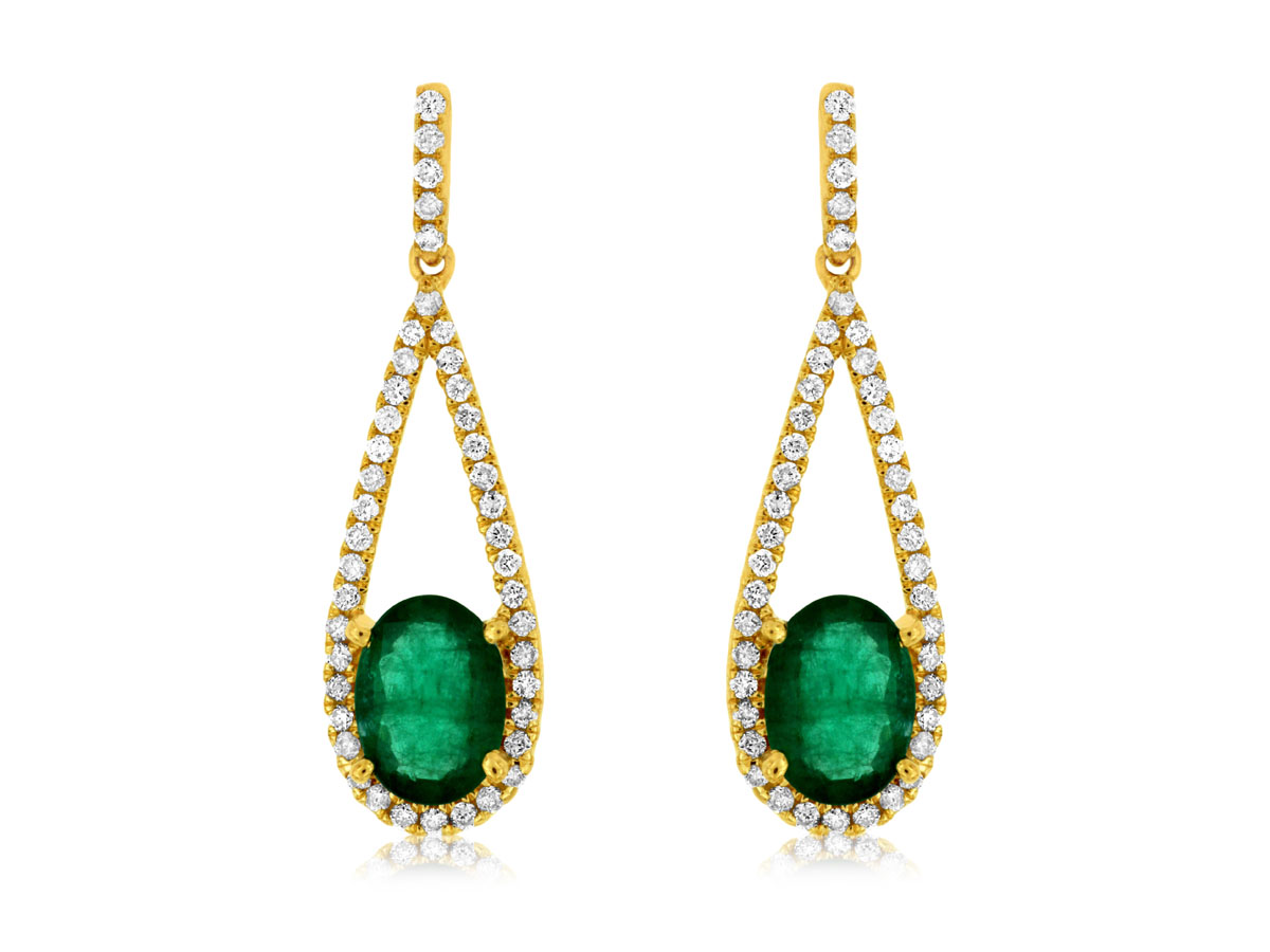 14K YELLOW GOLD OPEN PEAR SHAPED DROP EARRINGS WITH 1.40CTTW OVAL EMERALDS AND .35CTTW ROUND I1 CLARITY & HI COLOR DIAMONDS