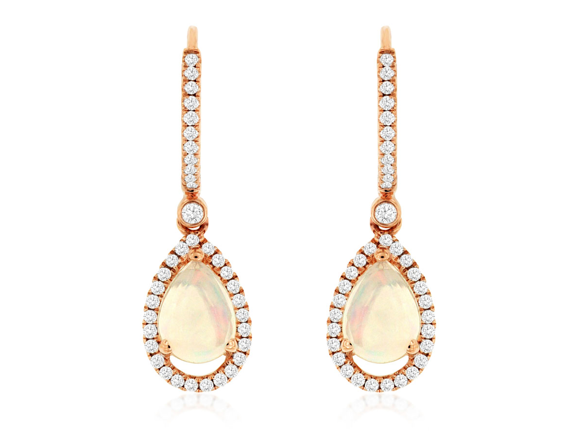 14K ROSE GOLD DROP EARRINGS WITH 1.40CTTW PEAR SHAPED OPAL WITH .42CTTW ROUND I1 CLARITY & HI COLOR DIAMONDS SET IN THE HALOS AND HOOP TOP