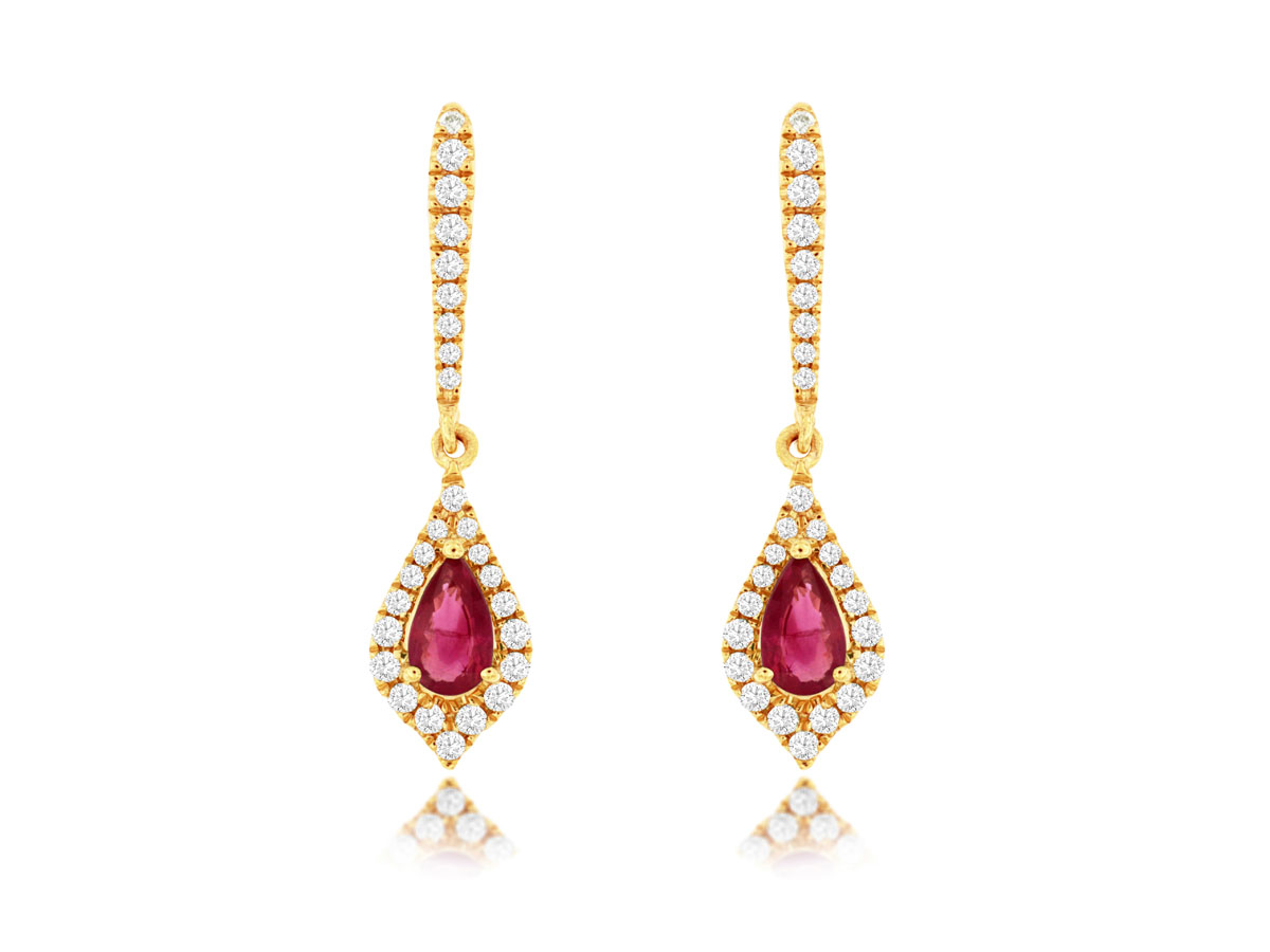14K YELLOW GOLD POST DROP EARRINGS WITH .22CTTW ROUND I1 CLARITY & HI COLOR DIAMONDS AND .44CTTW PEAR SHAPED RUBIES