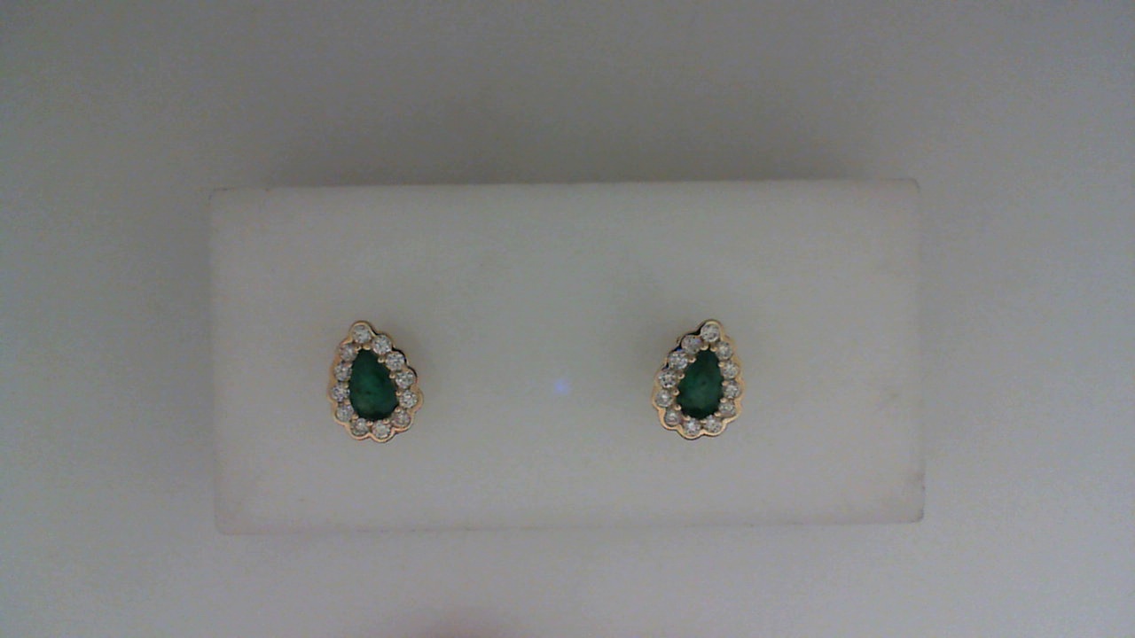 14K YELLOW GOLD .42CTTW PEAR SHAPED EMERALD POST EARRINGS WITH .21CTTW ROUND I1 CLARITY & HI COLOR DIAMONDS SETIN THE HALOS
