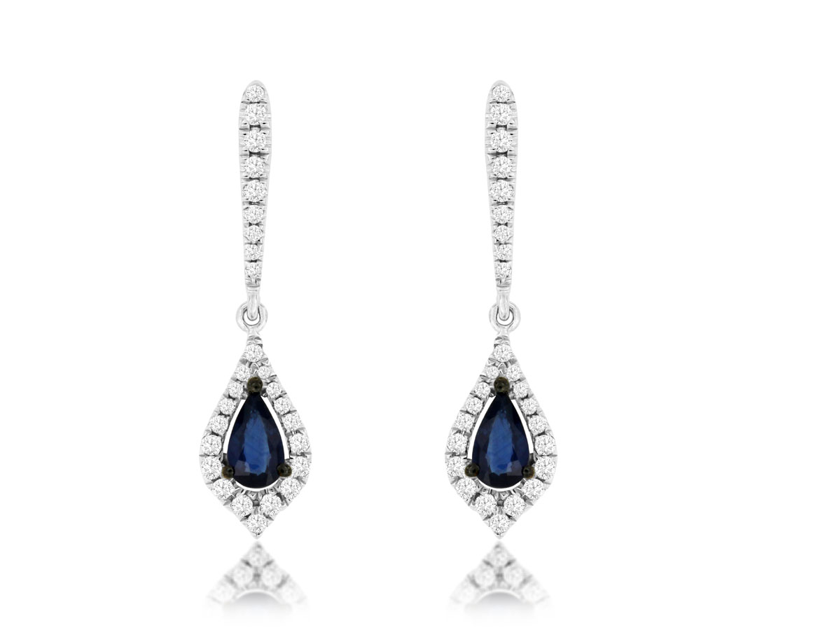 14K WHITE GOLD POST DROP EARRINGS WITH .55CTTW PEAR SHAPED SAPPHIRES WITH .22CTTW ROUND I1 CLARITY & HI COLOR DIAMONDS