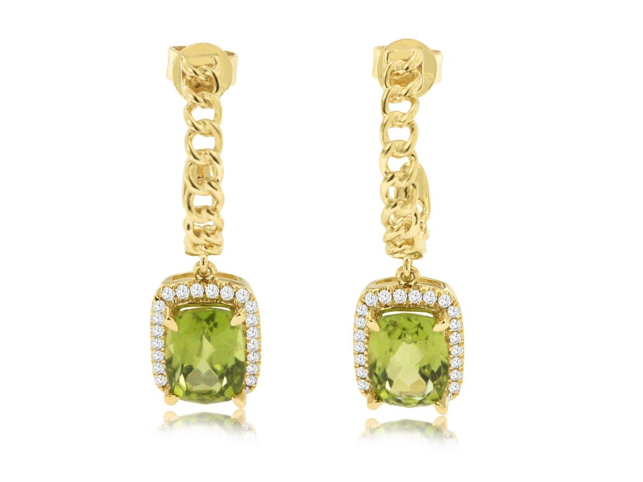 14K YELLOW GOLD ROPE TOP EARRINGS WITH 2.15CTTW ELONGATED CUSHION PERIDOT WITH .15CTTW ROUND I1 CLARITY & HI COLOR DIAMONDS SET IN THE HALOS