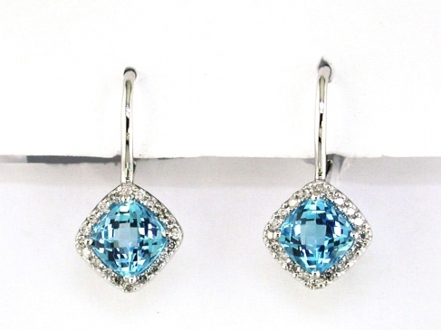 14K WHITE GOLD LEVERBACK EARRINGS WITH 2.50CTTW SQUARE CHECKERBOARD CUT BLUE TOPAZ AND .22CTTW ROUND I1 CLARITY &HI COLOR DIAMONDS SET IN THE HALO