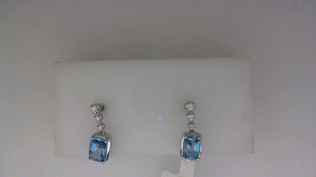 14K WHITE GOLD DROP EARRINGS WITH 1.25CTTW RECTANGLE BLUE TOPAZ AND .10CTTW ROUND I1 CLARITY & HI COLOR DIAMONDS SET IN THE HALOS