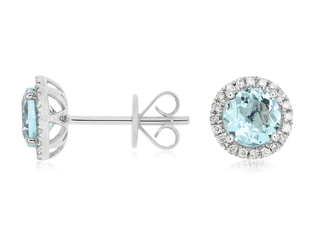 14K WHITE GOLD POST EARRINGS WITH 1.50CTTW ROUND AQUAMARINES WITH .16CTTW ROUND I1 CLARITY & HI COLOR DIAMONDS SET IN THE HALOS