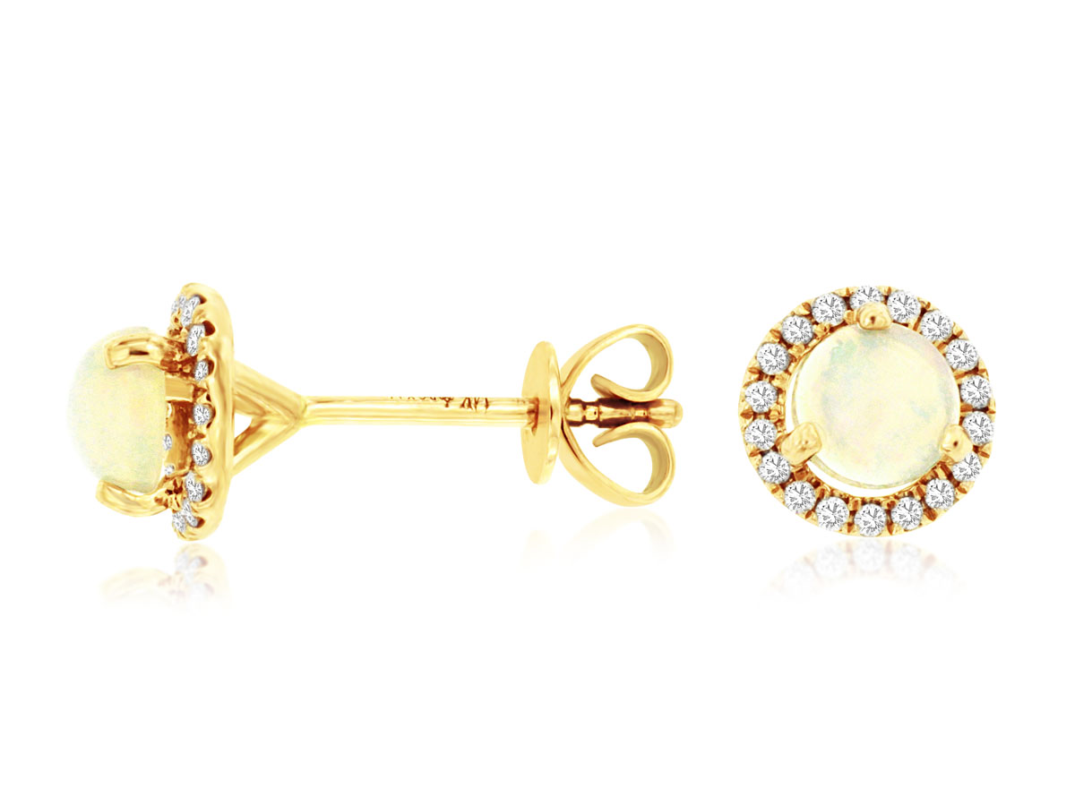 14K YELLOW GOLD .44CTTW ROUND OPAL POST EARRINGS WITH .15CTTW ROUND I1 CLARITY & HI COLOR DIAMONDS SET IN THE HALOS