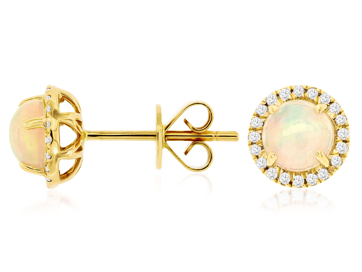 14K YELLOW GOLD POST EARRINGS WITH 1.00CTTW ROUND OPALS AND .16CTTW ROUND I1 CLARITY & HI COLOR DIAMONDS