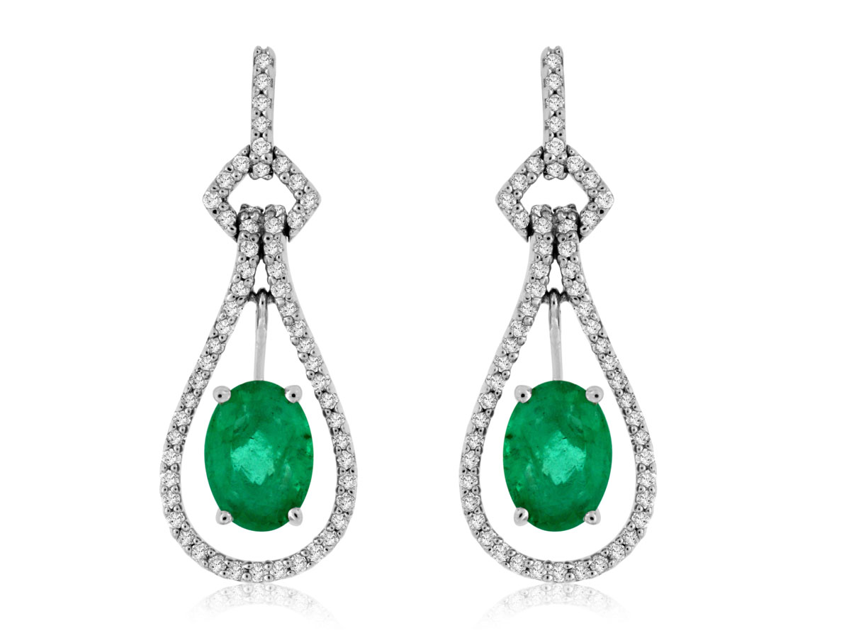 14K WHITE GOLD DROP EARRINGS WITH 1.40CTTW OVAL EMERALD DANGLE WITH .34CTTW ROUND I1 CLARITY & HI COLOR DIAMONDS