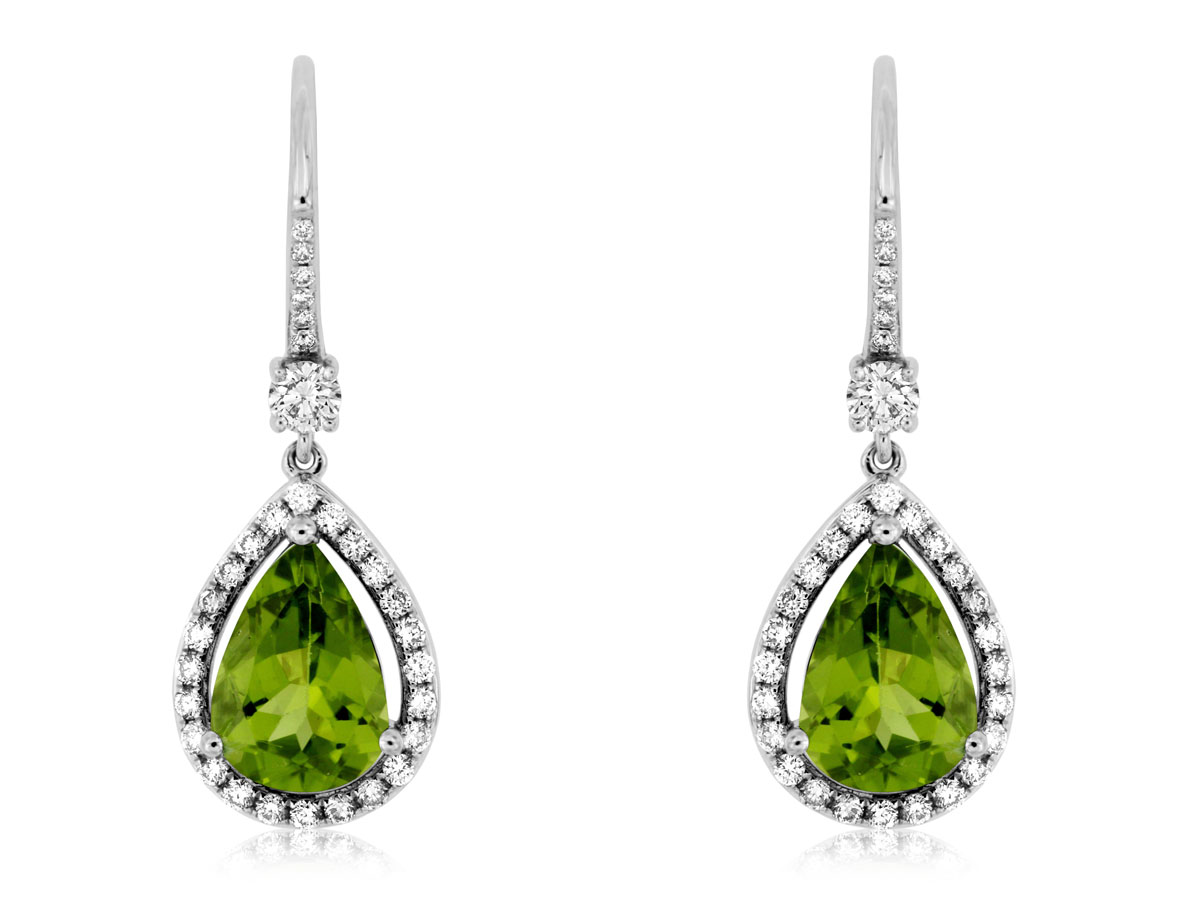14K WHITE GOLD LEVERBACK DROP EARRINGS WITH 4.15CTTW PEAR SHAPE PERIDOT AND .66CTTW ROUND I1 CLARITY & HI COLOR DIMONDS SET IN THE HALOS AND HOOP TOP