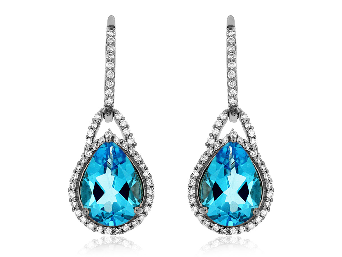14K WHITE GOLD 4.20CTTW PEAR SHAPED BLUE TOPAZ DROP EARRINGS WITH .40CTTW ROUND I1 CLARITY & HI COLOR DIAMONDS SET IN THE HALO AND LEVERBACKS