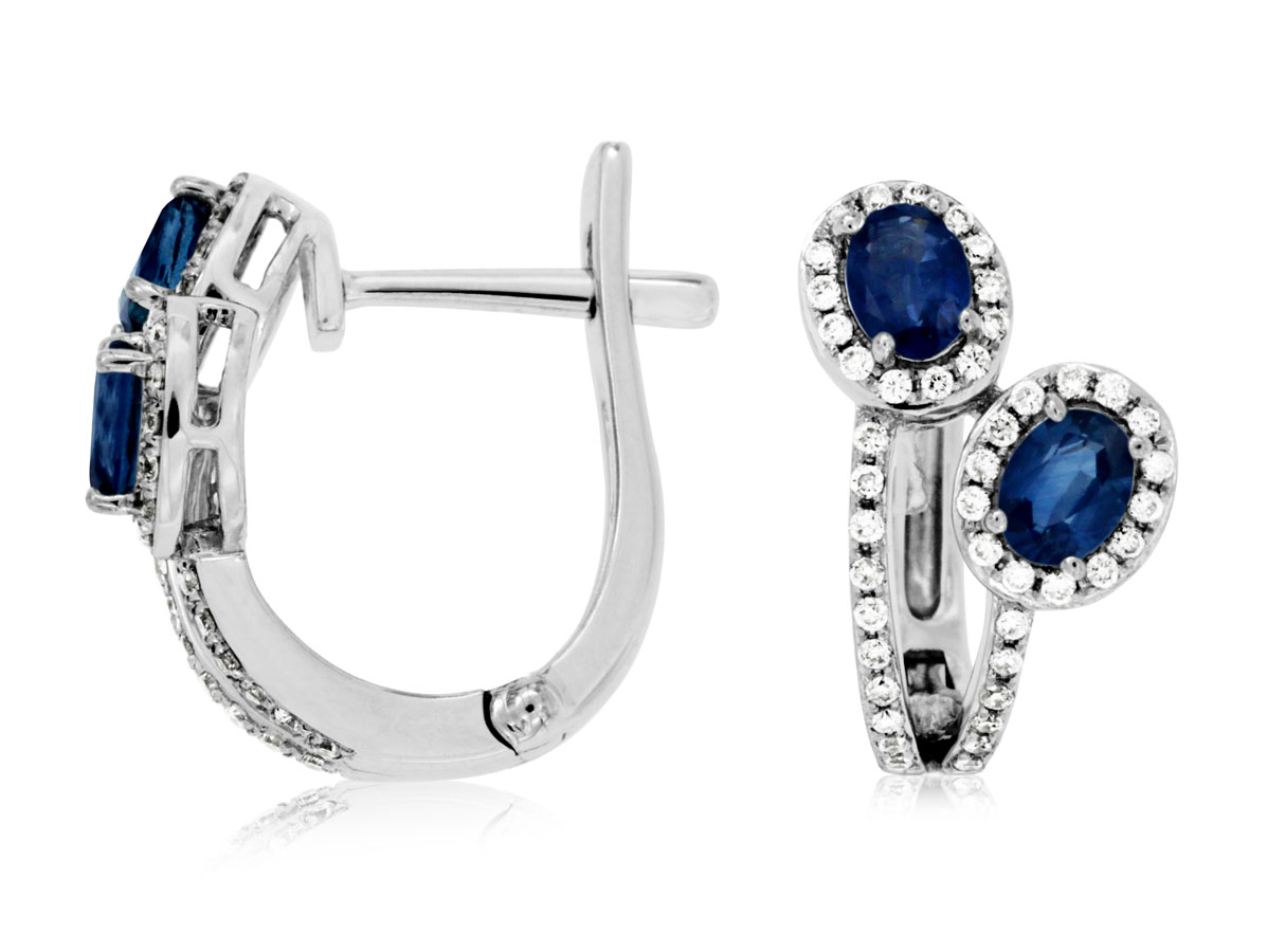 14K WHITE GOLD DOUBLE LOOP HOOP EARRINGS WITH .80CTTW OVAL SAPPHIRES AND .25CTTW ROUND I1 CLARITY & HI COLOR DIAMONDS