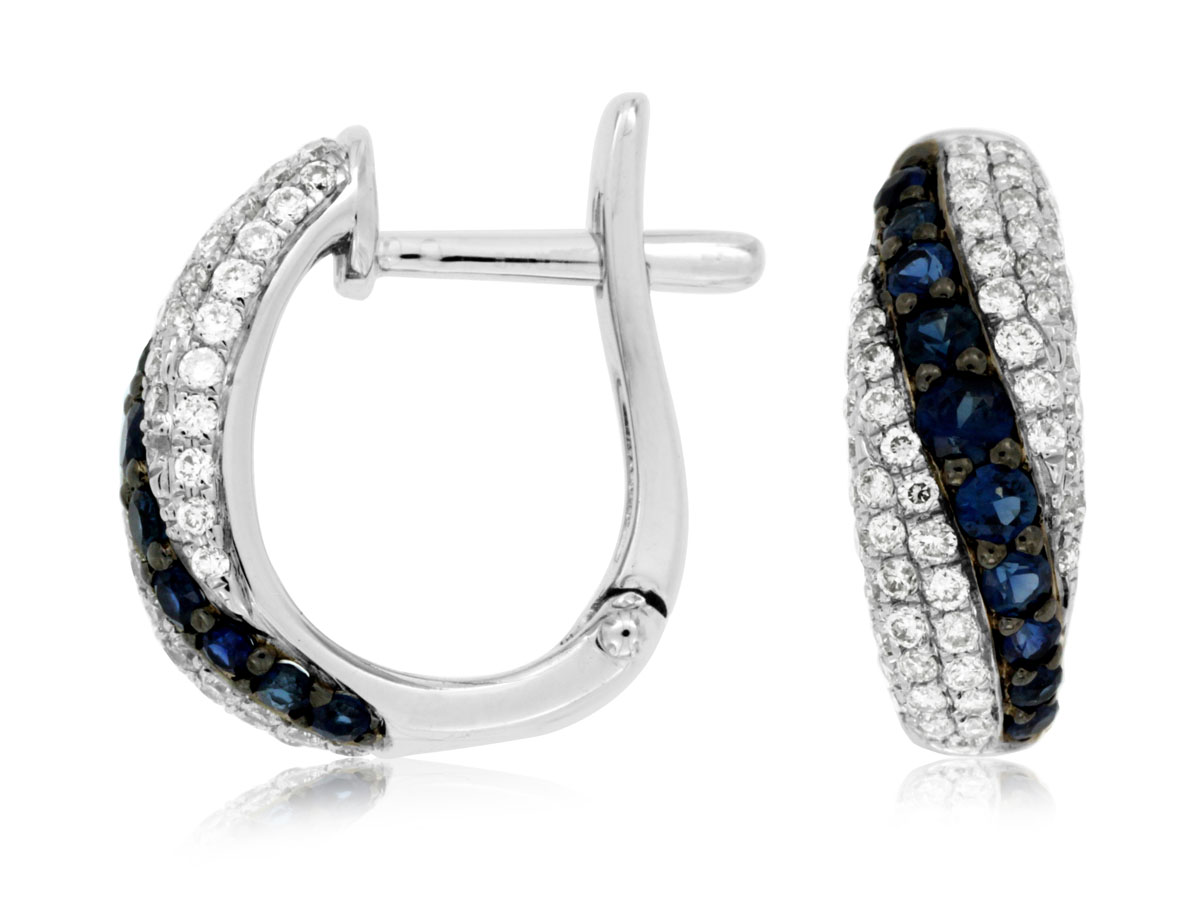 14K WHITE GOLD SMALL HOOP EARRING WITH .48CTTW ROUND I1 CLARITY & HI COLOR DIAMONDS SET WITH A SWIRL OF .50CTTW ROUND SAPPHIRES