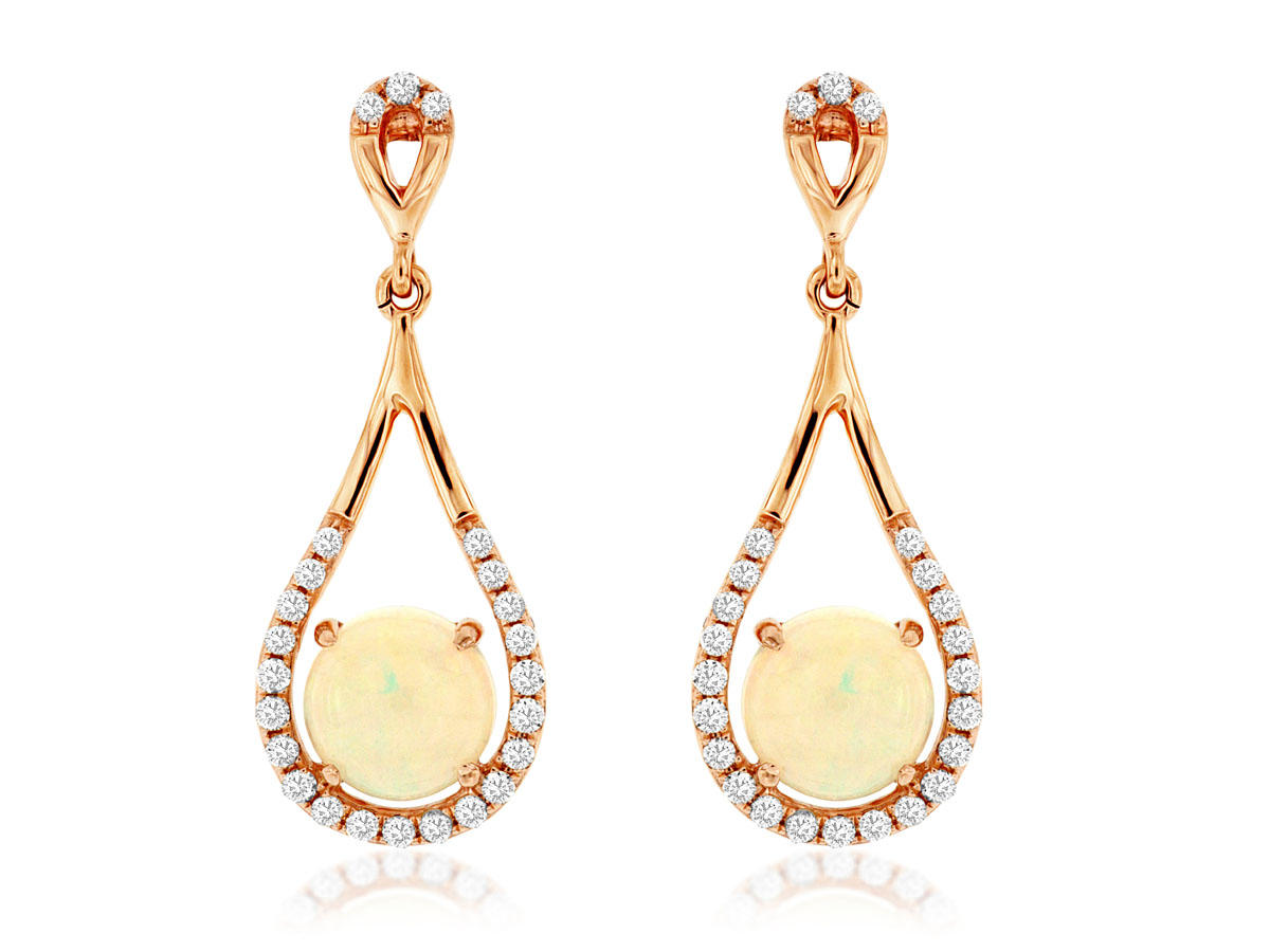 14K ROSE GOLD OPEN PEAR SHAPE DANGLE EARRINGS WITH 1.00CTTW ROUND OPAL AND .22CTTW ROUND I1 CLARITY & HI COLOR DIAMONDS SET IN THE HALO