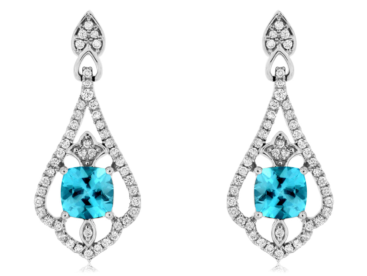 14K WHITE GOLD DROP EARRINGS WITH 1.40CTTW CUSHION SHAPE BLUE TOPAZ WITH .38CTTW ROUND I1 CLARITY & HI COLOR DIAMONDS