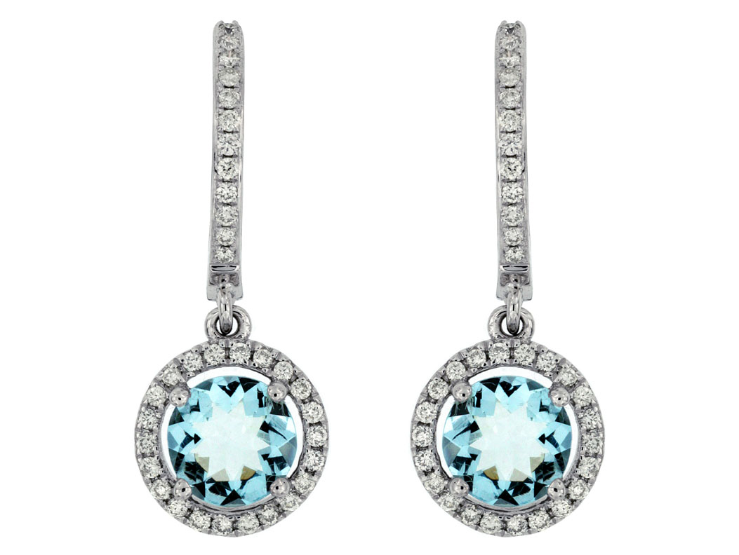 14K WHITE GOLD DROP EARRINGS WITH 1.45CTTW ROUND AQUAMARINE DROP EARRINGS WITH .26CTTW ROUND I1 CLARITY & HI COLOR DIAMONDS SET IN THE HALO AND TOP