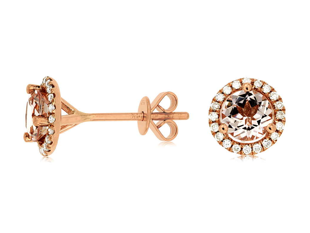 14K ROSE GOLD 1.10CTTW ROUND MORGANITE STUD EARRINGS WITH .16CTTW ROUND DIAMOND HALOS