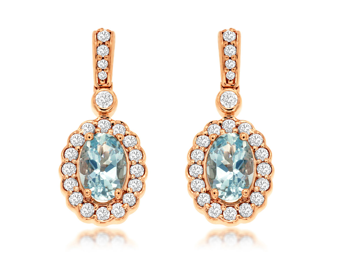 14K ROSE GOLD DROP EARRINGS WITH .82CTTW OVAL AQUAMARINE AND .33CTTW ROUND I1 CLARITY & HI COLOR DIAMONDS SET IN THE DROP AND HALO