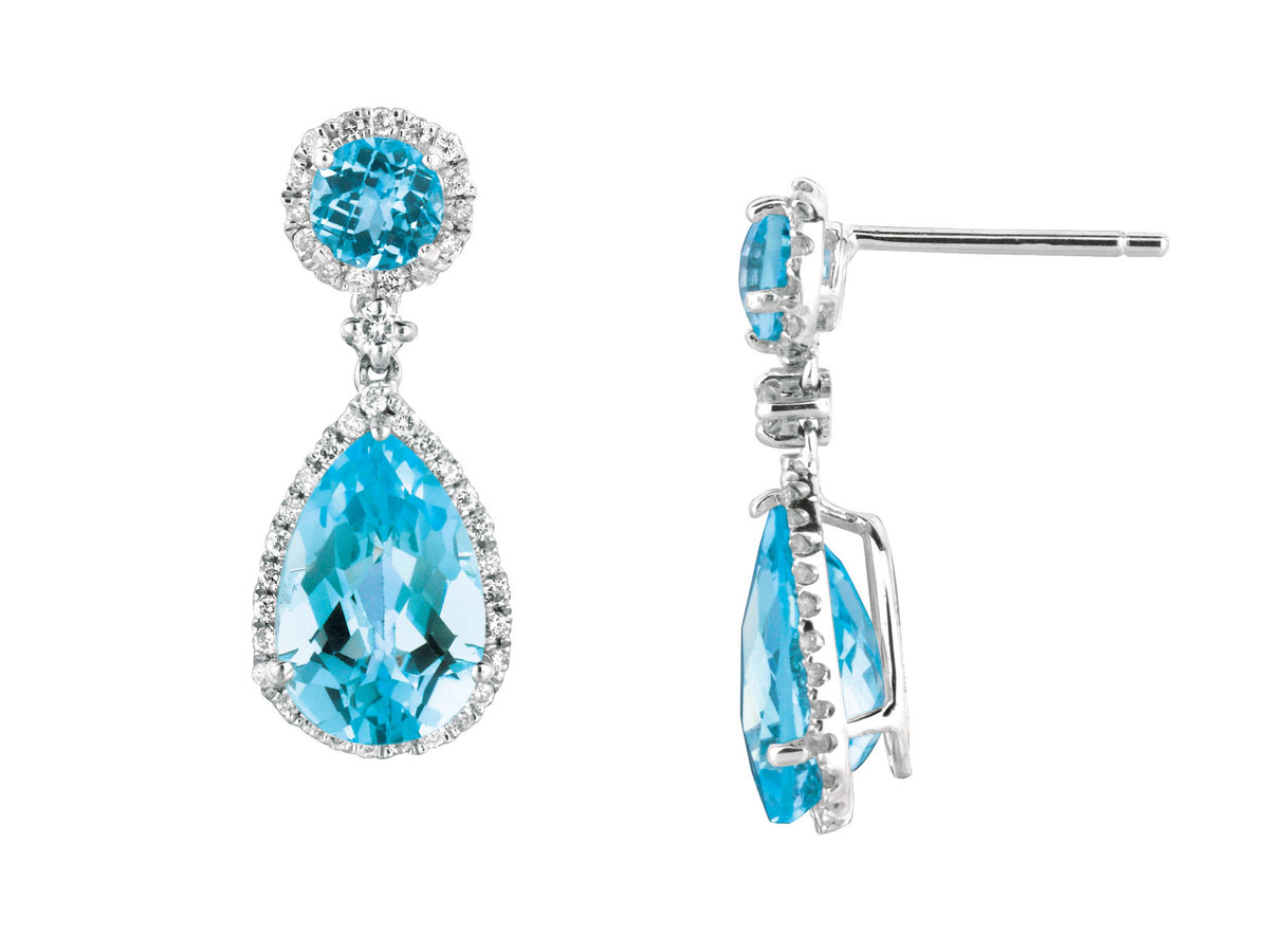 14K WHITE GOLD DROP EARRINGS WITH 7.8CTTW ROUND AND PEAR SHAPE BLUE TOPAZ WITH .50CTTW ROUND I1 CLARITY & HI COLOR DIAMONDS SET IN THE HALOS
