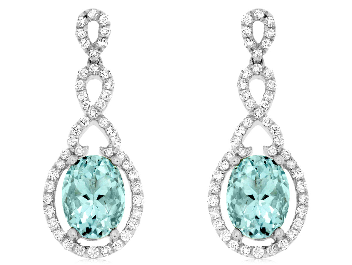 14K WHITE GOLD DROP POST EARRINGS WITH 1.35CTTW OVAL AQUAMARINES AND .42CTTW ROUND I1 CLARITY & HI COLOR DIAMONDS SET IN THE TWISTED SETTING