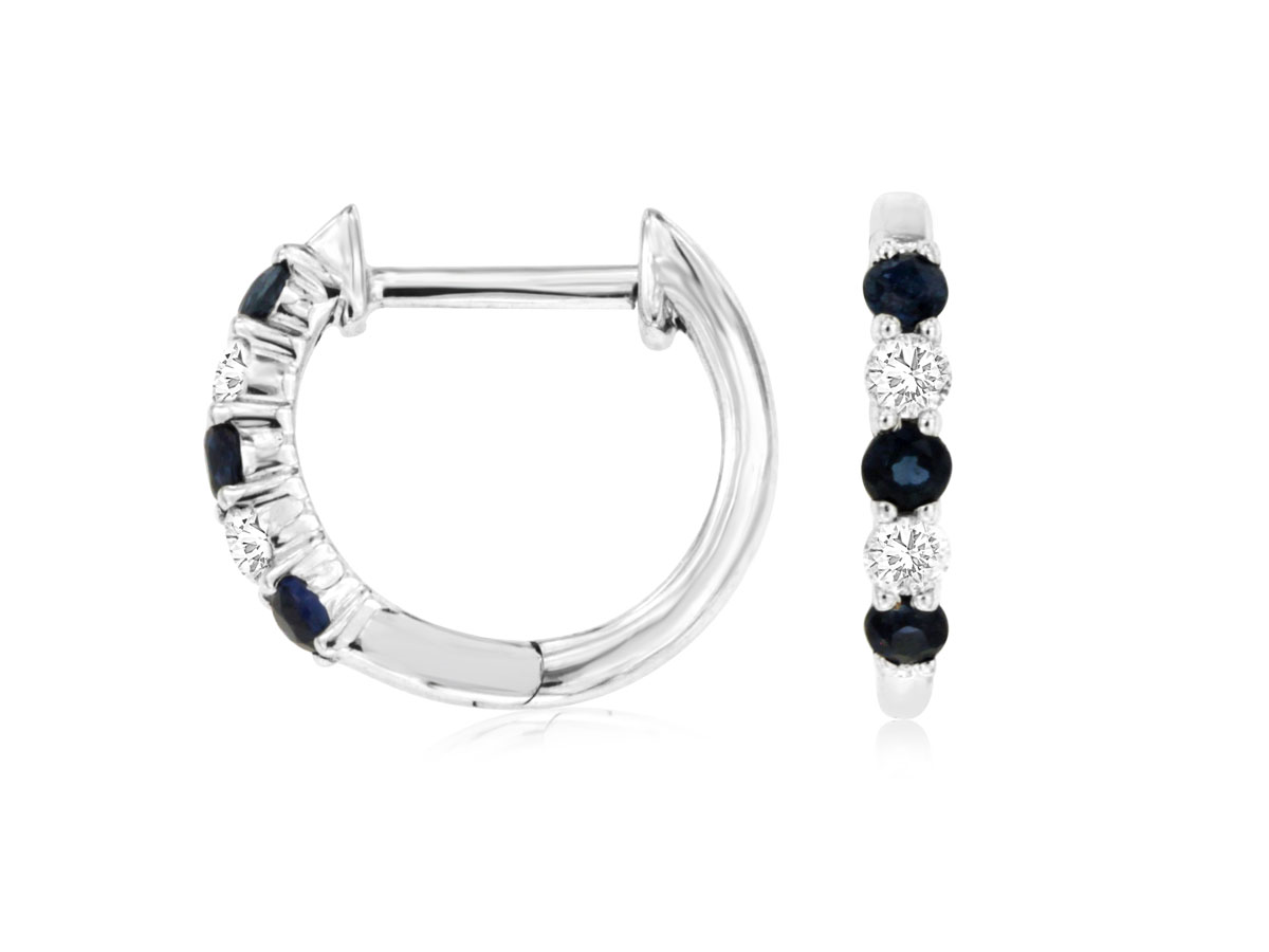 14K WHITE GOLD SMALL HOOP EARRINGS WITH .10CTTW ROUND I1 CLARITY & HI COLOR DIAMONDS ALTERNATING WITH .15CTTW ROUND SAPPHIRES