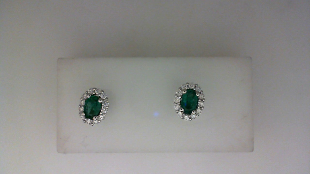 14K WHITE GOLD .66CTTW OVAL EMERALD POST EARRINGS WITH .35CTTW ROUND SI CLARITY & G COLOR DIAMONDS SET IN THE HALOS