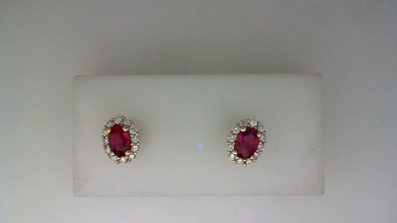 14K YELLOW GOLD .98CTTW OVAL POST EARRINGS SET WITH .39CTTW ROUND SI CLARITY & G COLOR DIAMONDS SET IN THE HALOS