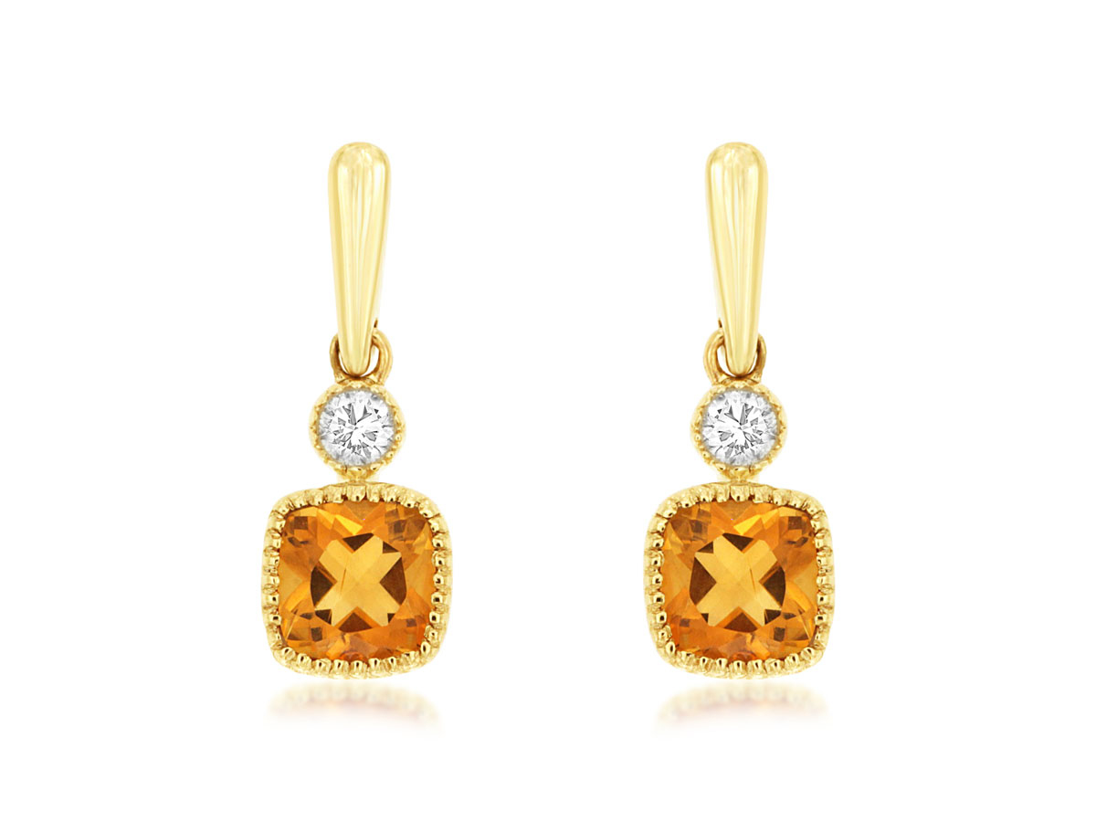 14K YELLOW GOLD DROP EARRINGS WITH .28CTTW BEADED BEZEL SET SQUARE DROP EARRINGS WITH .03CTTW ROUND I1 CLARITY & HI COLOR DIAMONDS